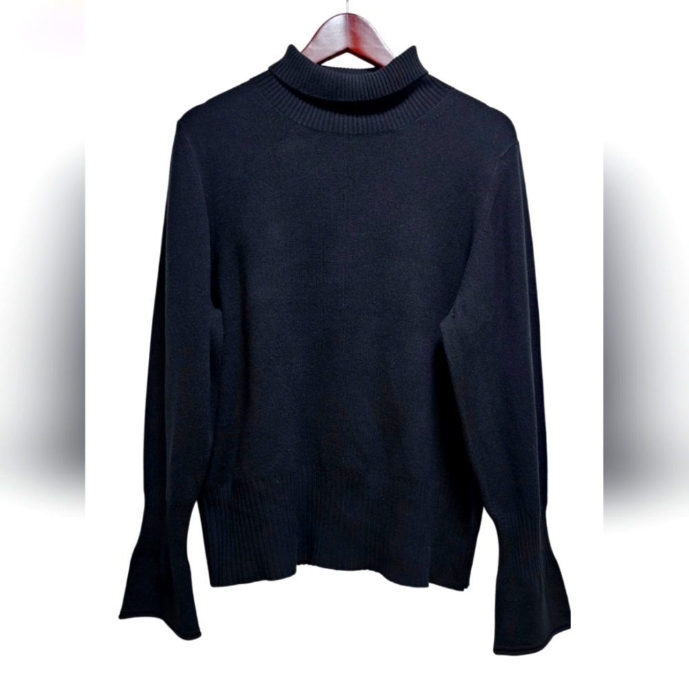 French Connection Turtleneck Sweater Black Flattered Sleeve soft acrylic size XL